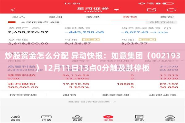 炒股资金怎么分配 异动快报：如意集团（002193）12月11日13点0分触及跌停板